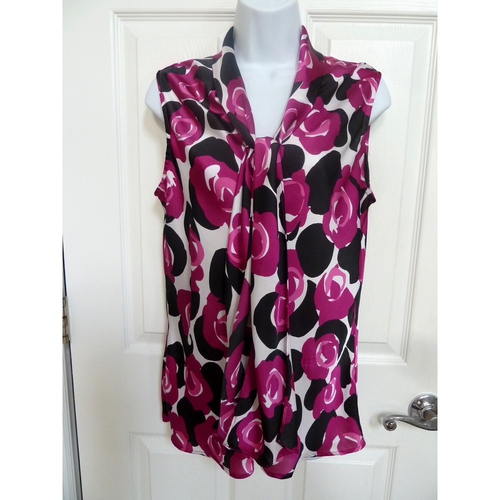 Nine West  Floral Tie Neck Blouse Purple Black White Sleeveless Size L 12/14